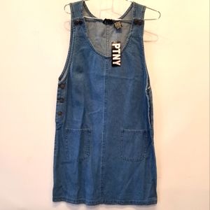 Vintage New 1990's Denim Jumper Jean Dress Blue Pockets Side Button Size M